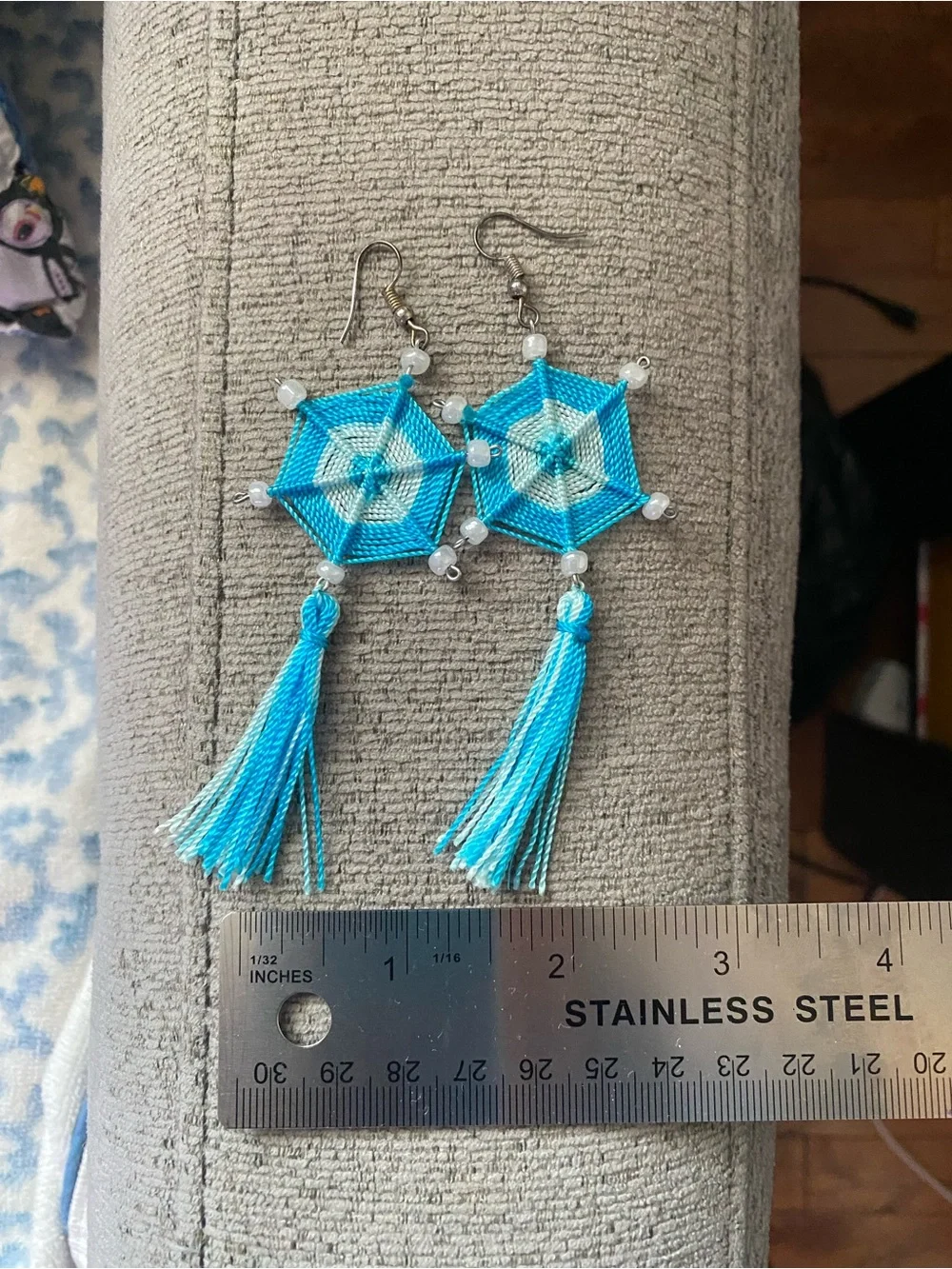 Handmade Blue Tassel Hexagon Drop Earrings - Women Jewelry